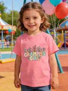 Girls Floral Grammys Girl Print T-Shirt, Soft Breathable Skin-Friendly, Casual Summer Top, Suitable for Daily School and Sweet Style
