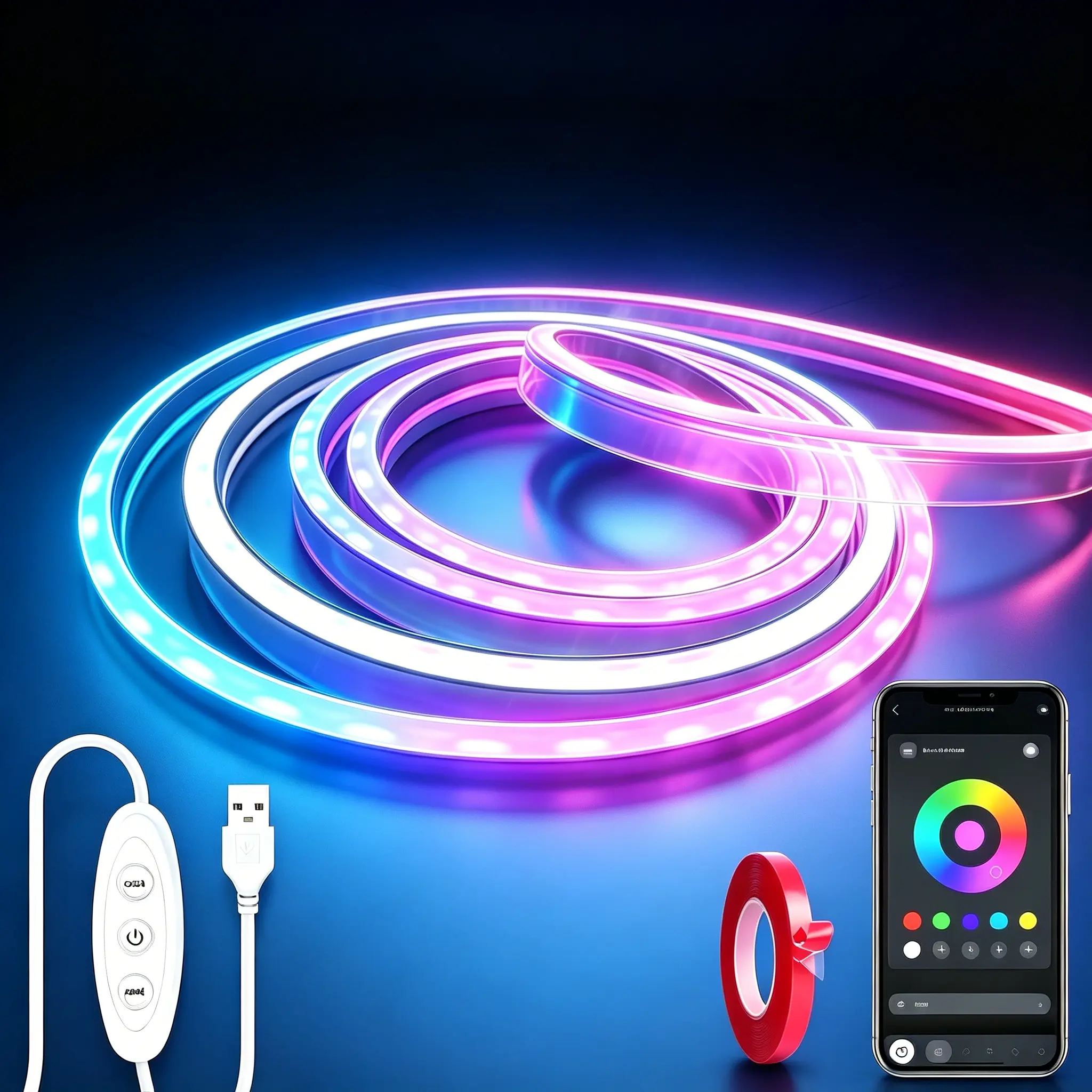 RGB Smart IC 5V USB Neon LED Strip Lights, 16.4Ft/5M Flexible Multicolor IP67 Waterproof Tape Lights for TV, Bedroom Home Decor