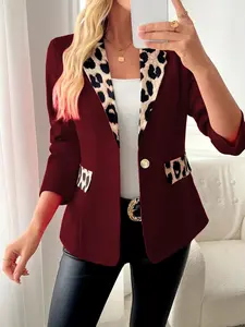 Women's Long Sleeve Leopard Patchwork Fitted Blazer Jacket, Unique Design Fashionable Casual Business for Daily Wear