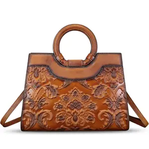 Genuine Leather Purses and Handbags for Women Vintage Embossed Leather Top Handle Satchel Bags Crossbody Shoulder Bag Strap