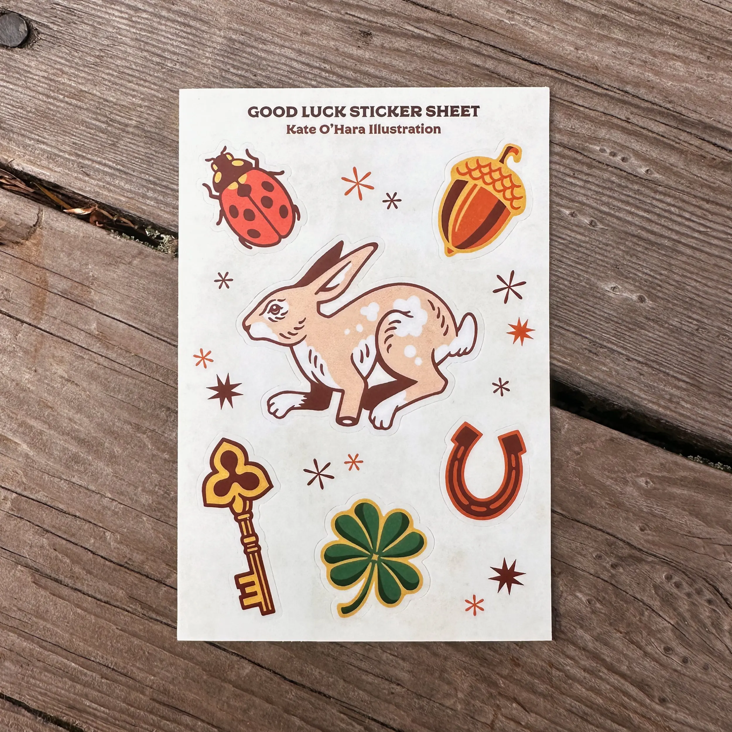 Good Luck Sticker Sheet - Lucky Charm - Vinyl Water Proof  - Great for Water Bottle, Laptop, Notebook - Key, Acorn, Ladybug, Horseshoe, Shamrock, Rabbit - Water-proof & Scratch-proof - Cute, Illustration, Colorful