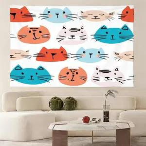 Peach Print Hand-Painted Cat Face Linen Cloth Tapestry - Soft-Color Home Decor for Living Room Hanging, Versatile Gift for Wedding Backdrop