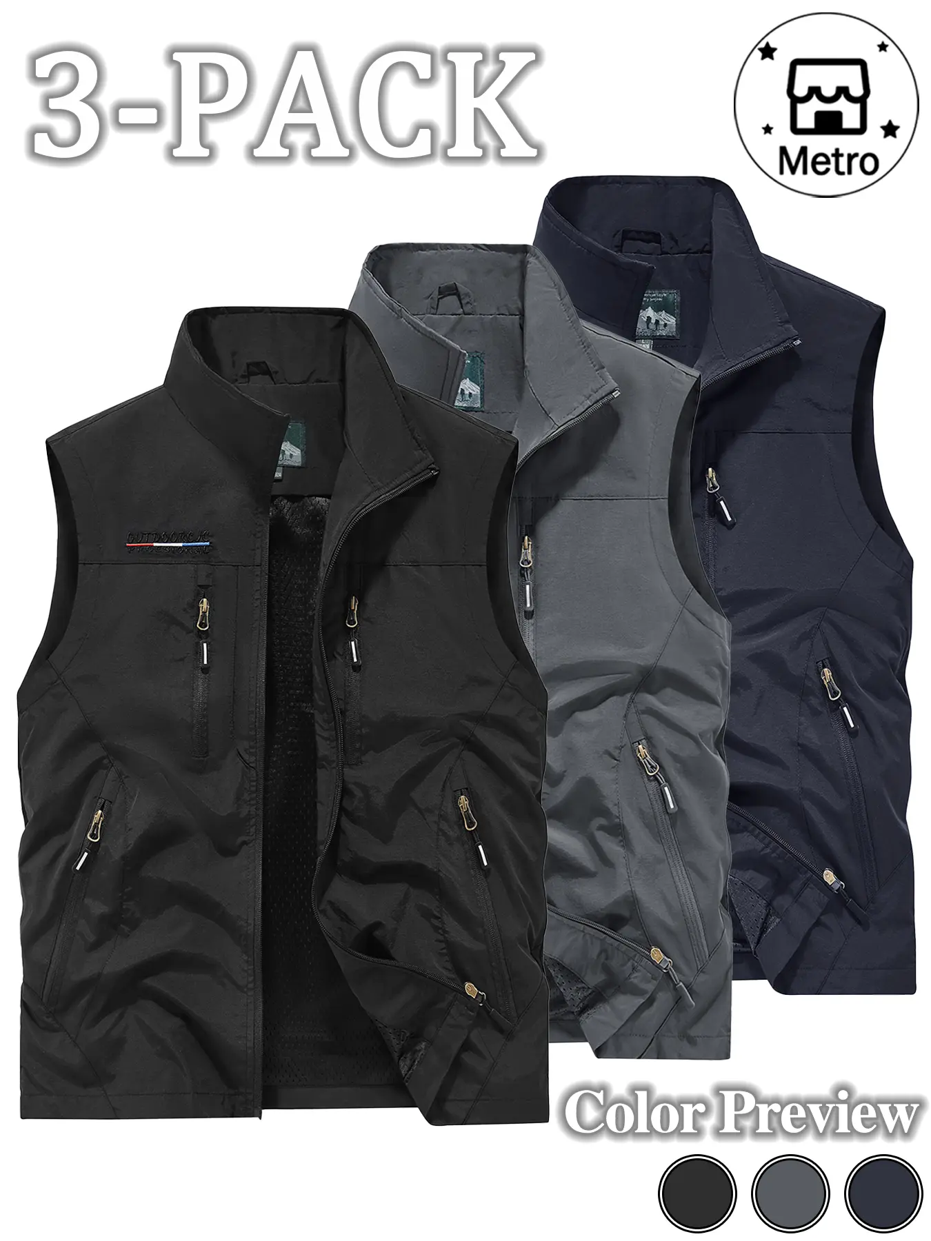(3-Pack) Men's Practical Casual Lightweight Collared Nylon Cover-Up Vest, Sleeveless Polyester Work Vest with Multiple Pockets, Suitable for Work and Fishing, Available in Various Colors