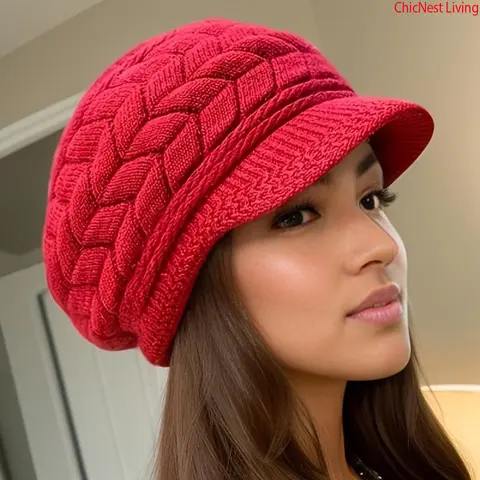 Women's Winter Slouchy Bonnet Hat - Female Heavyweight Solid Cable Knit Beanie, Thick Chunky Yarn, Ear Flaps, Fringe Trim, Soft Stretchy Warm Cold-Weather Holiday Accessory, Machine Washable, No-Sew Fitting, Blonde Hair-Friendly