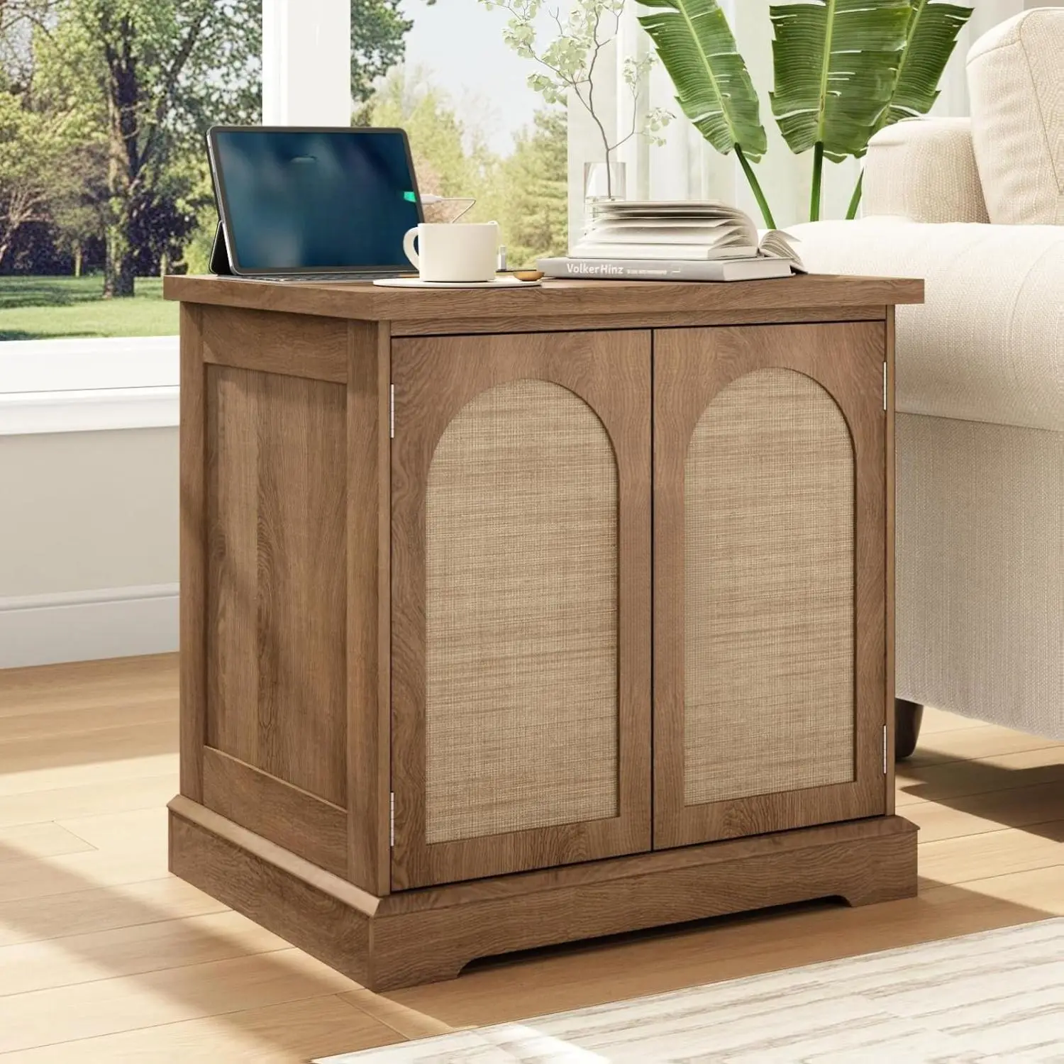 Rattan End Table with Charging Station, 24" Large Sofa Side Table with 2 Arched Doors, Boho Wood Square Nightstand Bedside Tables with Adjustable Storage Shelf for Living Room, Bedroom