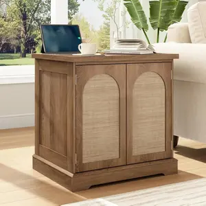 Rattan End Table with Charging Station, 24" Large Sofa Side Table with 2 Arched Doors, Boho Wood Square Nightstand Bedside Tables with Adjustable Storage Shelf for Living Room, Bedroom