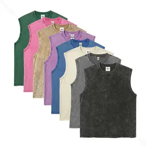 Panxu Unisex Retro Acid-Wash Sleeveless Top | Loose-Fit Washed Tank Top & Crew Neck Tee | Men's '90s-Style Streetwear | Vintage Distressed Street Look | Black Acid-Wash Tank | Summer Street Style