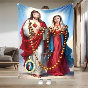 Jesus and Mary Rose Bead Ultra Soft Flannel Blanket, Premium Plush Lightweight Bedspread, Versatile for Bath Towel, Robe, Cover, Air Conditioning, Shawl, Travel, Ideal Gift, Soft Fluffy Blanket