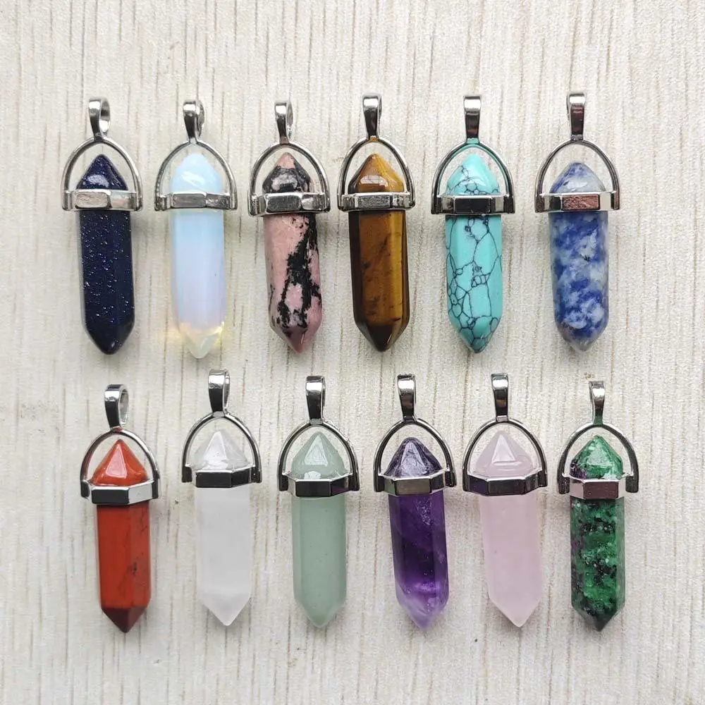 Fast shipping Natural stone quartz aventurine lapis crystal hexagonal pillar Pendants for Jewelry accessories 12pcs