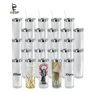 ICESIP 20OZ 25Pack Blanks Sublimation Snow Globe Double Wall Straight Skinny Tumblers with Lids and Straws Reusable Outer Plastic Inner Stainless Steel Snow globe Water Bottle Double Wall Travel Mug Cup for Coffee and Juice  Flasks