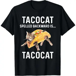 100% Cotton Tacocat Spelled Backward is Tacocat - Love Cat and Taco T-Shirt