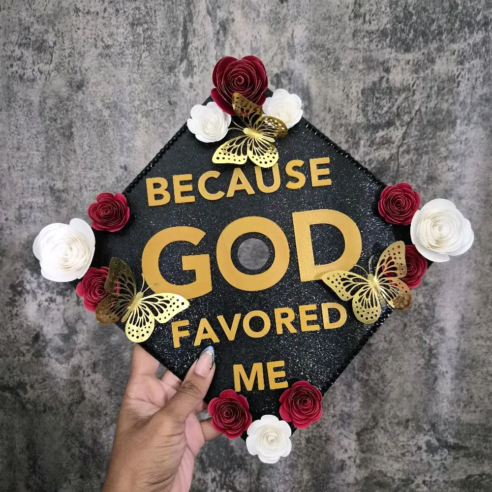 Black and Gold "God Favored Me" Graduation Cap