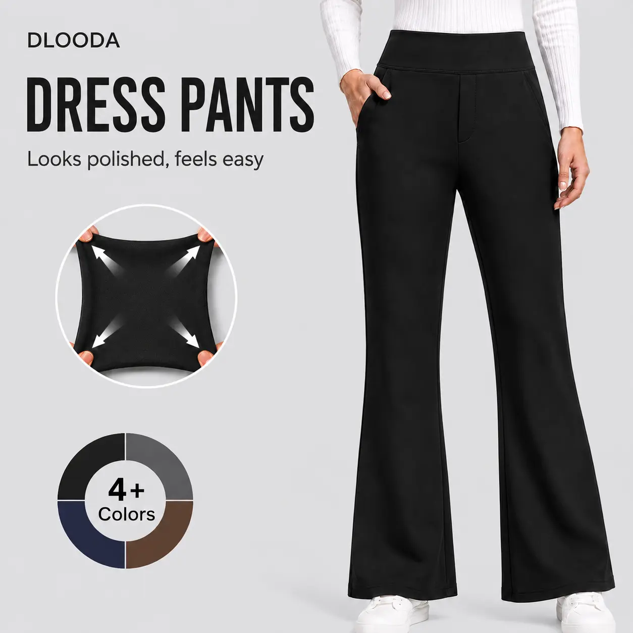 DLOODA Women's Stretchy High-Waisted  Bootcut Work Pants - Pull-On Fitted Basic Pockets, Business Casual Formal Office Bottoms