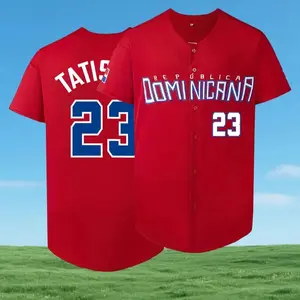 Men's Dominican Republic Baseball Jersey TATIS 23 Stitched Button Front V Neck Loose Fit Short Sleeve Top for Fall Winter Sports Fans