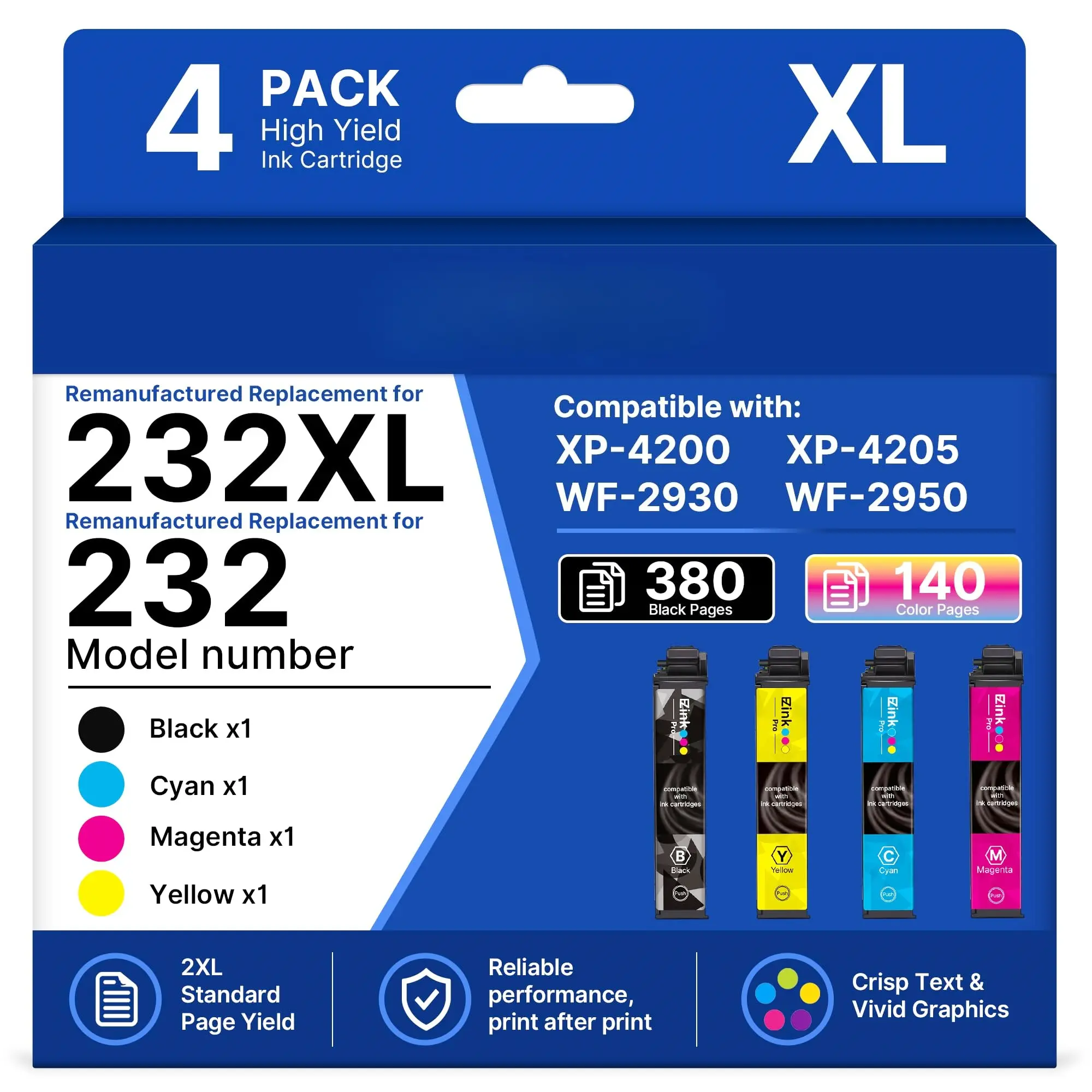 Remanufactured Replacement for 232XL XP-4200 Ink (BCMY) Remanufactured Replacement for 232 XP-4200 Ink Cartridges Combo Pack use with Epson Printer XP-4205 XP-4200 WF-2930 WF-2950