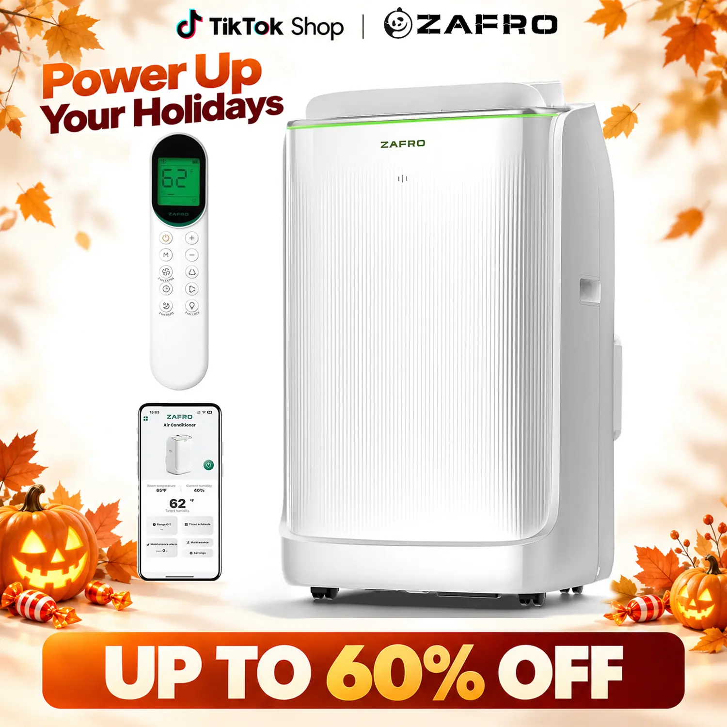 ZAFRO (42dB) 16,000/14,000/12,000 BTU  (12,000/10,000/8000 BTU SACC) WIFI Portable Air Conditioners, Ultra Quiet Dual Duct Smart AC with Drainage-free Cooling/24Hrs Timer/APP/Remote/Cool, Fan & Dehumidifier Modes for Indoor Rooms, Powerful Cooling, Coolin