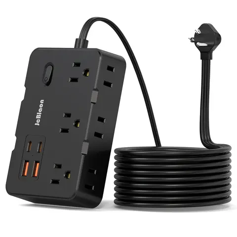 Ultra-Thin Rectangle Wired Power Strip Charging Hub - 6 Plug Sockets, 2 USB-C Ports, 2 USB-A Ports, 5FT Flat Cord, 45° Angled Plug, 0.14in Ultra-Thin, 110-240V, Surge Overload Protection, Polycarbonate Portable for Home, Office Desk Electrical Accessories