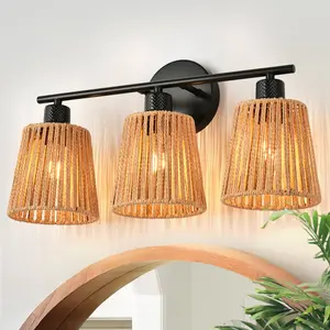 Boho Rattan Bathroom Vanity Light, 3/4-Light Rustic Wall Sconce Over Mirror, Hardwired for Bedroom Kitchen Hallway，E26，Bulb not included