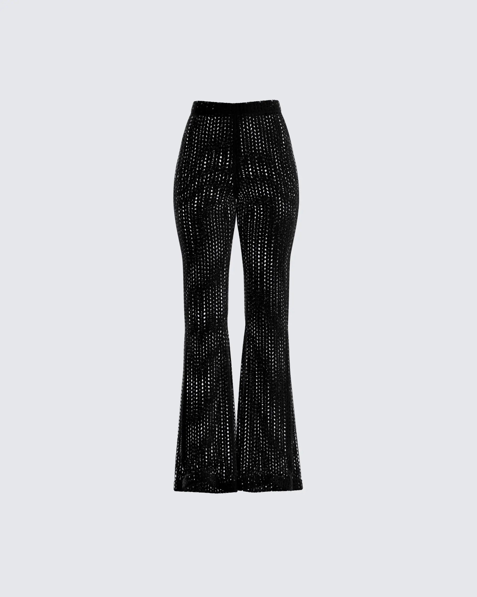Women's Sheer Crochet Pants - High-Waisted Flare Cut Bell Bottoms, Alternative Style Festival & Bikini Coverup, Beach, Swimsuit