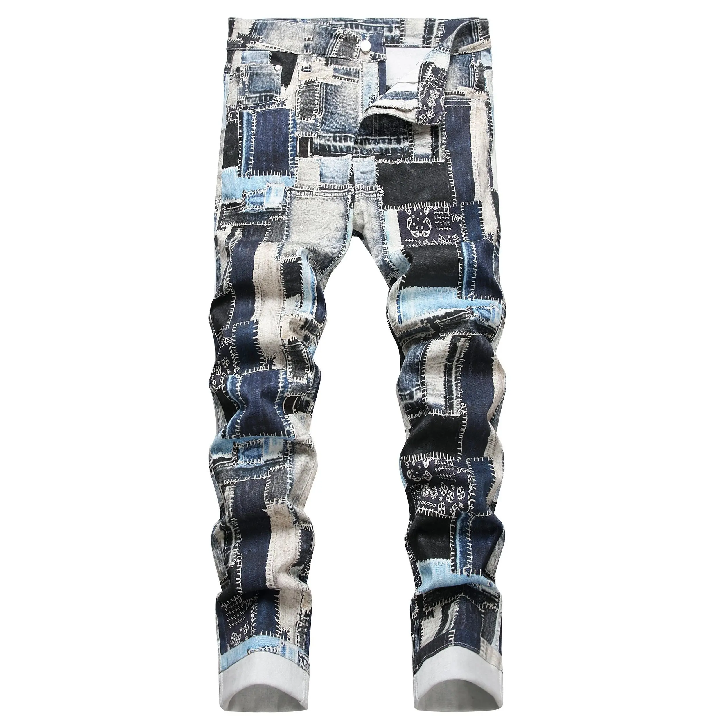 1pc Men's Slim-Fit Stretch Denim Jeans with Laser Digital Print, Mid-Rise Built-In Zipper Pants - Washed Casual All-Season Wear, Machine Washable Polyester Blend (No Belt Required) for Everyday & Smart-Casual Outfits