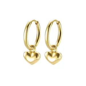 Stately Steel Puff Heart Charm Huggie Earrings