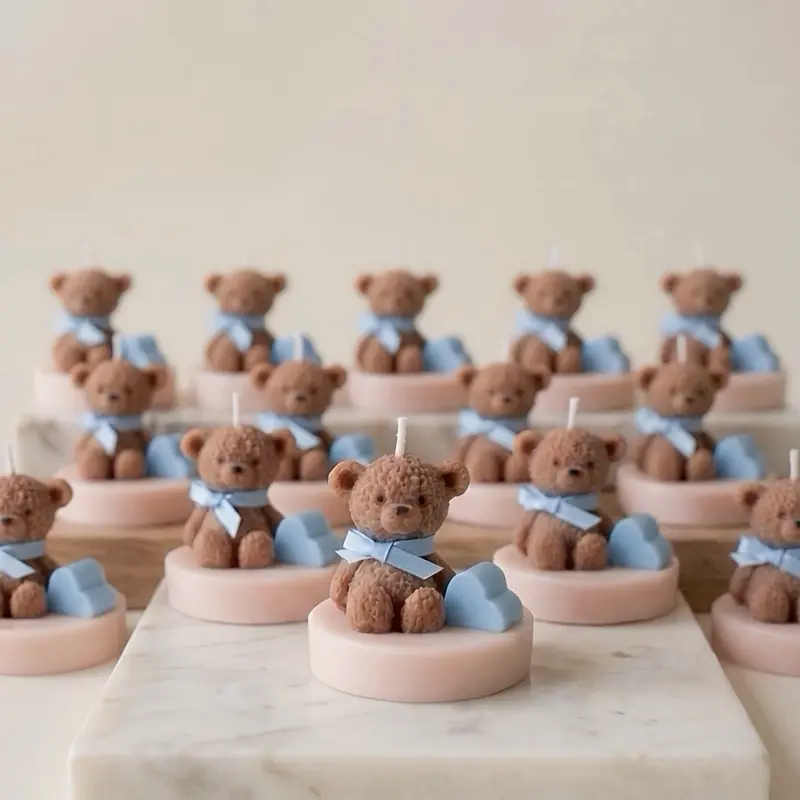 12- Teddy Bear Candles for Baby Shower Handmade Natural Wax. Decor Decoration