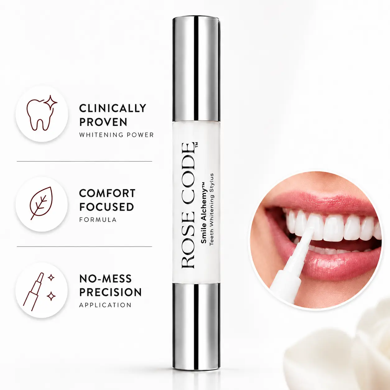 Rose Code Smile Alchemy Teeth Whitening Stylus, Brush-On Gel with Carbamide Peroxide, Coconut Oil, Green Tea & Black Tea Extracts