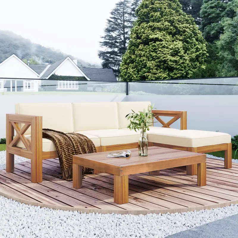 5-Piece Classic Armless Corner Rectangle Sectional Sofa Set - Outdoor Acacia Wood, Waterproof Beige Cushions, Natural Finish, Multiple Seats, Assembly Required, for Backyard, Patio, Decks