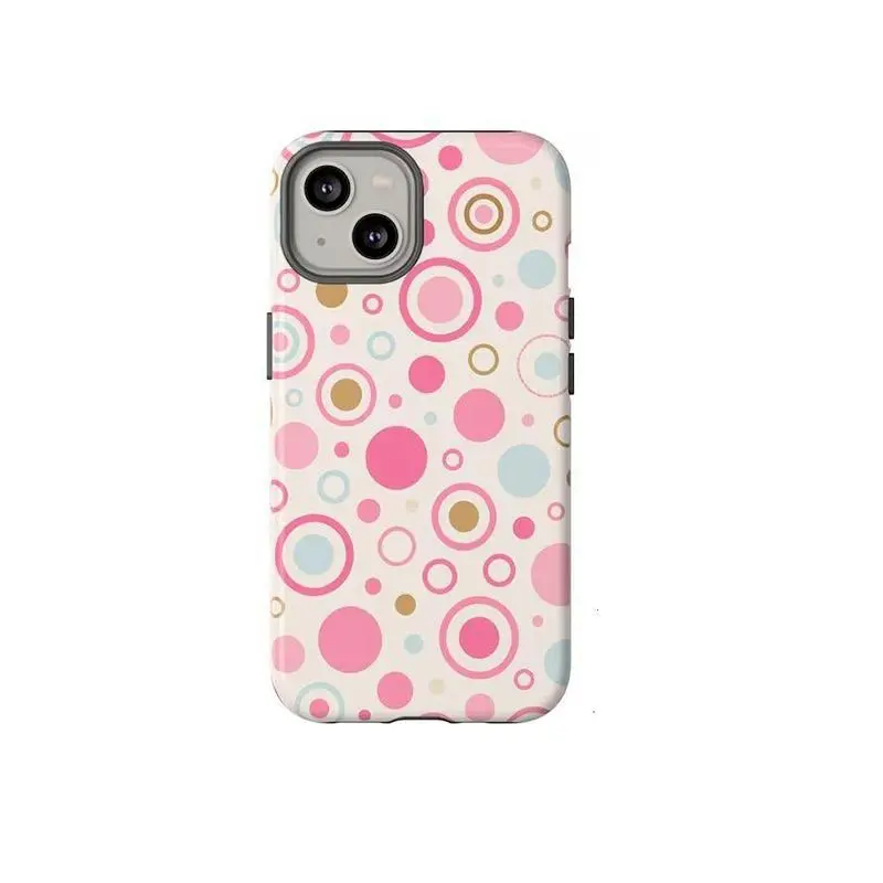 Retro Y2K Pastel Circle Rubber Phone Case - Tough Shockproof 2-In-1 Protective Cover, Pink Girly 2000s Childhood Aesthetic Accessory for iPhone 11-17 Pro Max Plus (Smartphone, Cellphone, Handheld Devices)