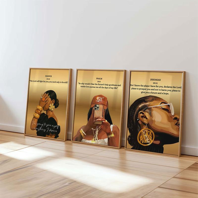 A set of three black Christian girl wall hangings, scripture prints, Bible verse wall hangings, girl's room decorations, Christian wall hangings, canvas-covered frames.