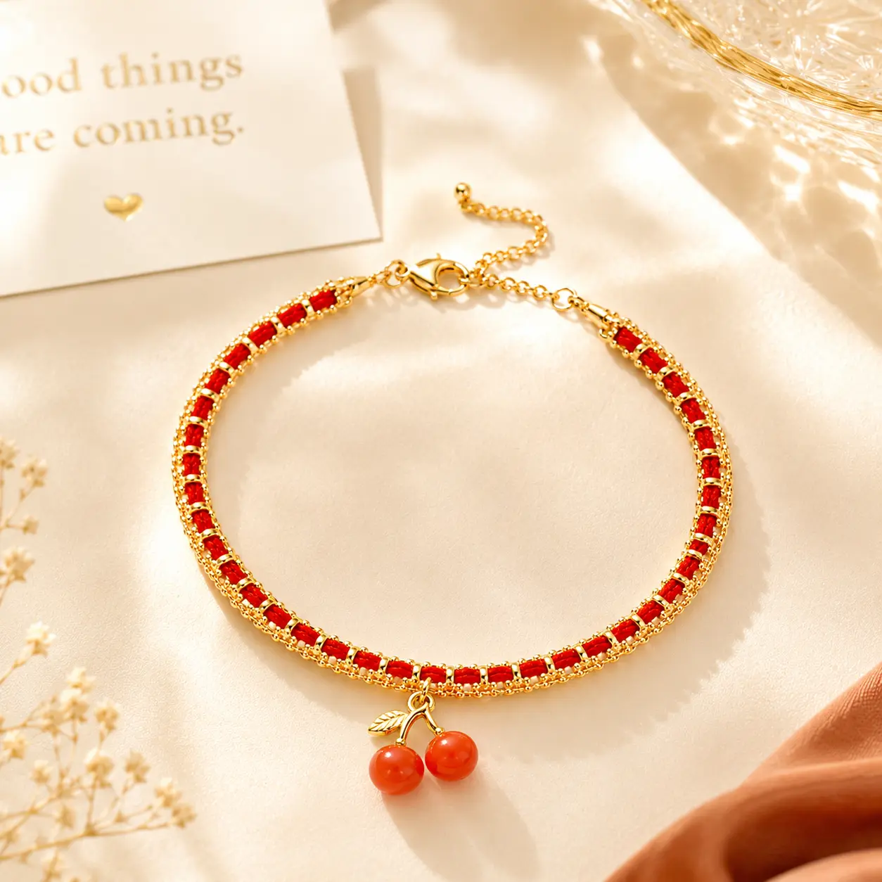 Eloli 18K Gold Plated Red Cord Bracelet with Persimmon Lucky Charm Hypoallergenic Gold plated Bracelet Enamel Charm Double Chain