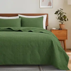 Olive Green Quilt Full/ Size with Pillow Shams, Summer Soft Geometric  Bedspread, 3 count Lightweight Coverlet Bedding Set for All Seasons