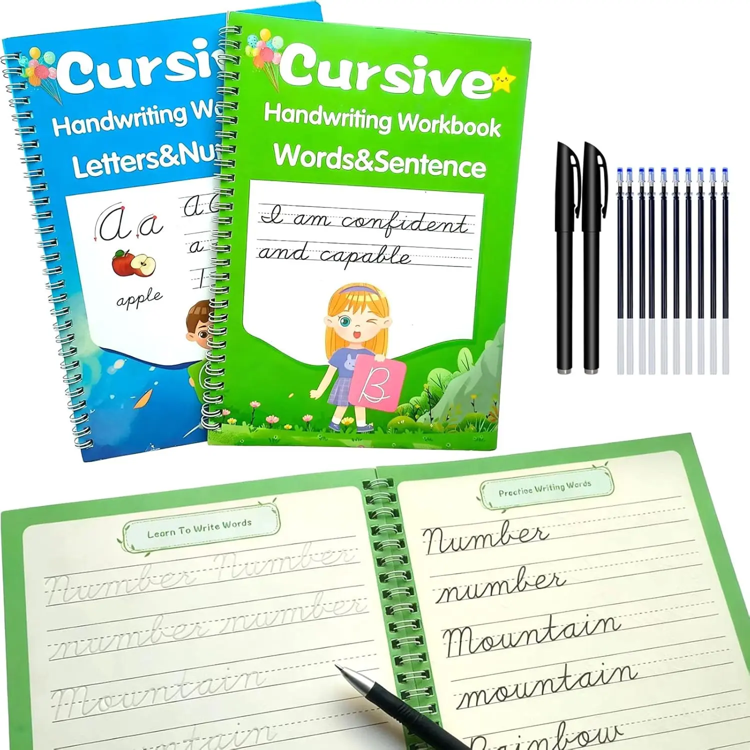 2 Pack Grooved Cursive Handwriting Workbook,  Grooved Handwriting Practice Set with Pens & Refills, Learn to Write Cursive Script,  for  Ages 8-12, Teens & Adult Beginners
