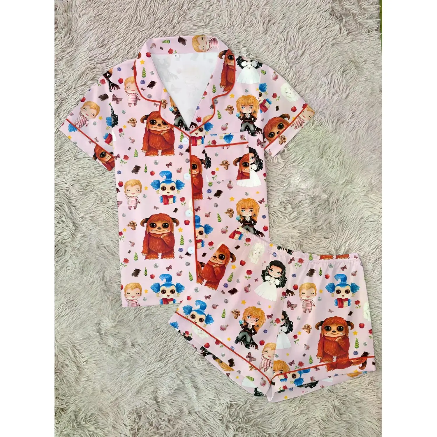 Women's Labyrinth Print Sleepwear Set: Cozy Two-Piece Pajamas with Button-Up Short Sleeve Top & Elastic Waist Shorts for Relaxed Home Comfort