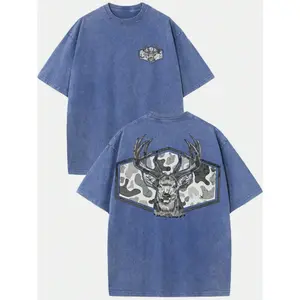 Men's Deer Camouflage Washed T-Shirt Oversized Streetwear Top Loose Fit Casual Short Sleeve Cotton Tee for Outdoor Camping Hunting Fishing Daily Fashion
