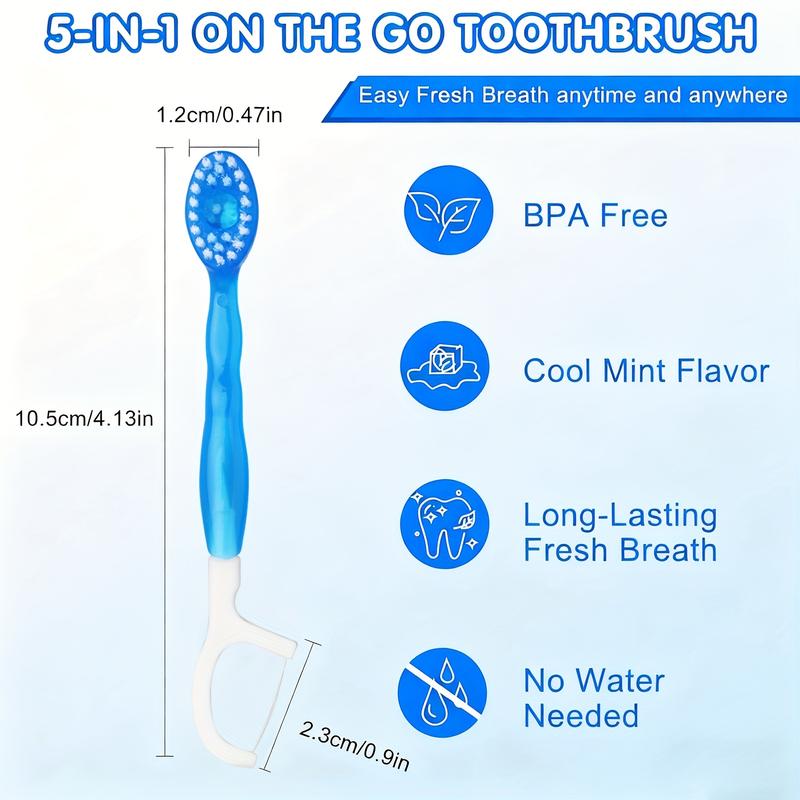 100 Count 5-in-1 Portable Disposable Toothbrushes with Toothpaste, Tongue Cleaner & Dental Floss, Individually Wrapped Multi-Color Mini Travel Toothbrushes, All-in-One Oral Care Kit for Adults Camping Hotel Business Trip