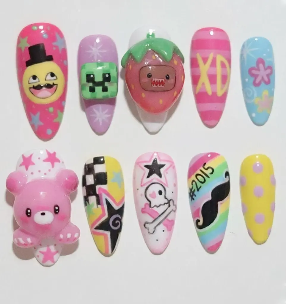 Handmade Scene Kid Y2K Press On Nails | Kawaii 3D Domo, Creeper, Pink Bear & Nostalgic 2010s Fake Nails with FREE Adhesive Tabs FREE Nail File FREE Cuticle Stick