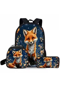 Elegant and cute fox print backpack three piece set lunch bag pencil case backpack