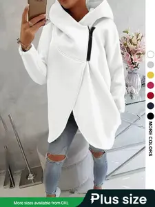 Women's Plus Size Hooded Sweatshirt, Full Zip Fashion Design, Asymmetrical Hem, Breathable Thick Fleece, Loose Fit Long Sleeve Pullover