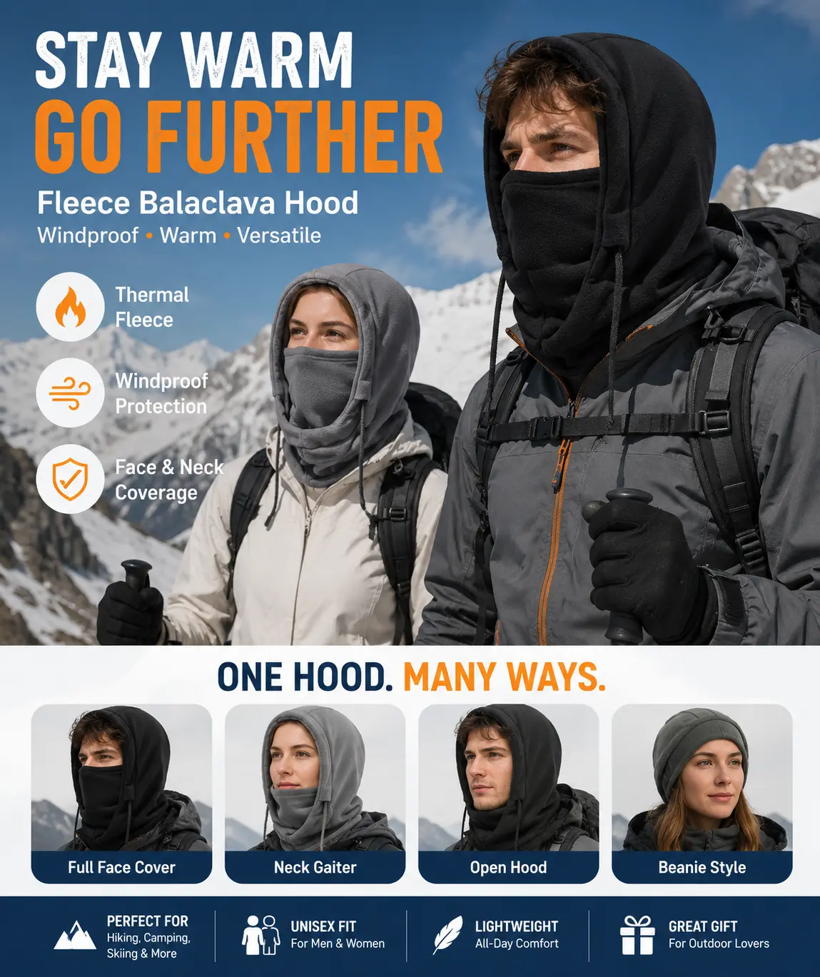 Unisex Adults' Winter Fleece Full Balaclava, -20°C Windproof Thermal Ski Mask, Warm Face Mask Hood, Neck Warmer for Skiing, Hiking, Cold Proof