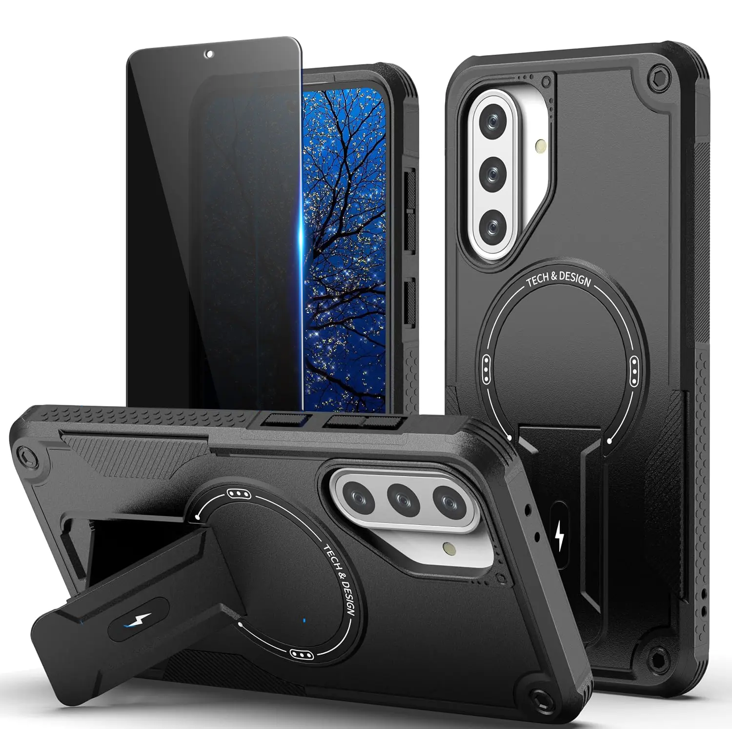 for Samsung Galaxy A37 5G/A36 5G Case with Privacy Tempered Glass Screen Protector, Compatible with MagSafe, Invisible Kickstand, Shockproof Phone Cover for Samsung Galaxy A37 5G/A36 5G, Black