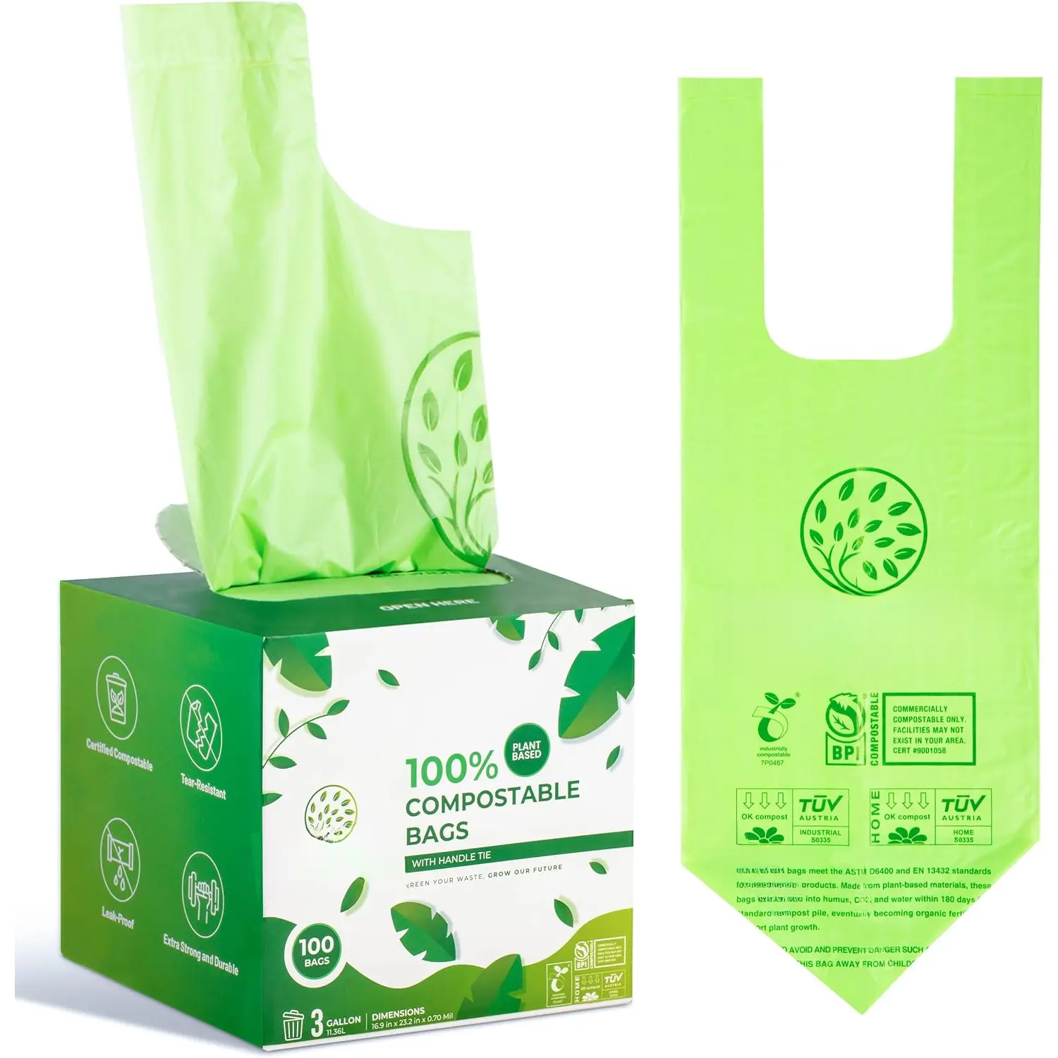 3 Gallon Compostable Bags with Handles, 100 Count, 0.70 Mil,  scrap bags,  BPI &  OK Compost Home Certified