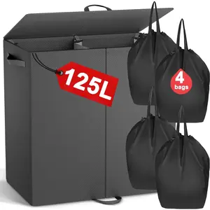 Double Laundry Hamper with Lid and 4 Removable Laundry Bags, Collapsible Laundry Hamper 2 Section Dirty Clothes Hamper with Handles for Laundry, Bedroom, Bathroom, Dorm, Black