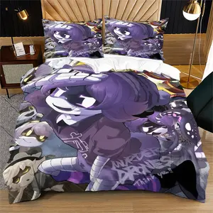 Uzi Murder Drones Collage Duvet Cover Set(1 Bed Sheet And 1-2 Pillowcases), Purple Aesthetic Bedding for Anime Fans, Soft Microfiber Weeb Bedroom Decor, Full/Queen Size, Bed Sets