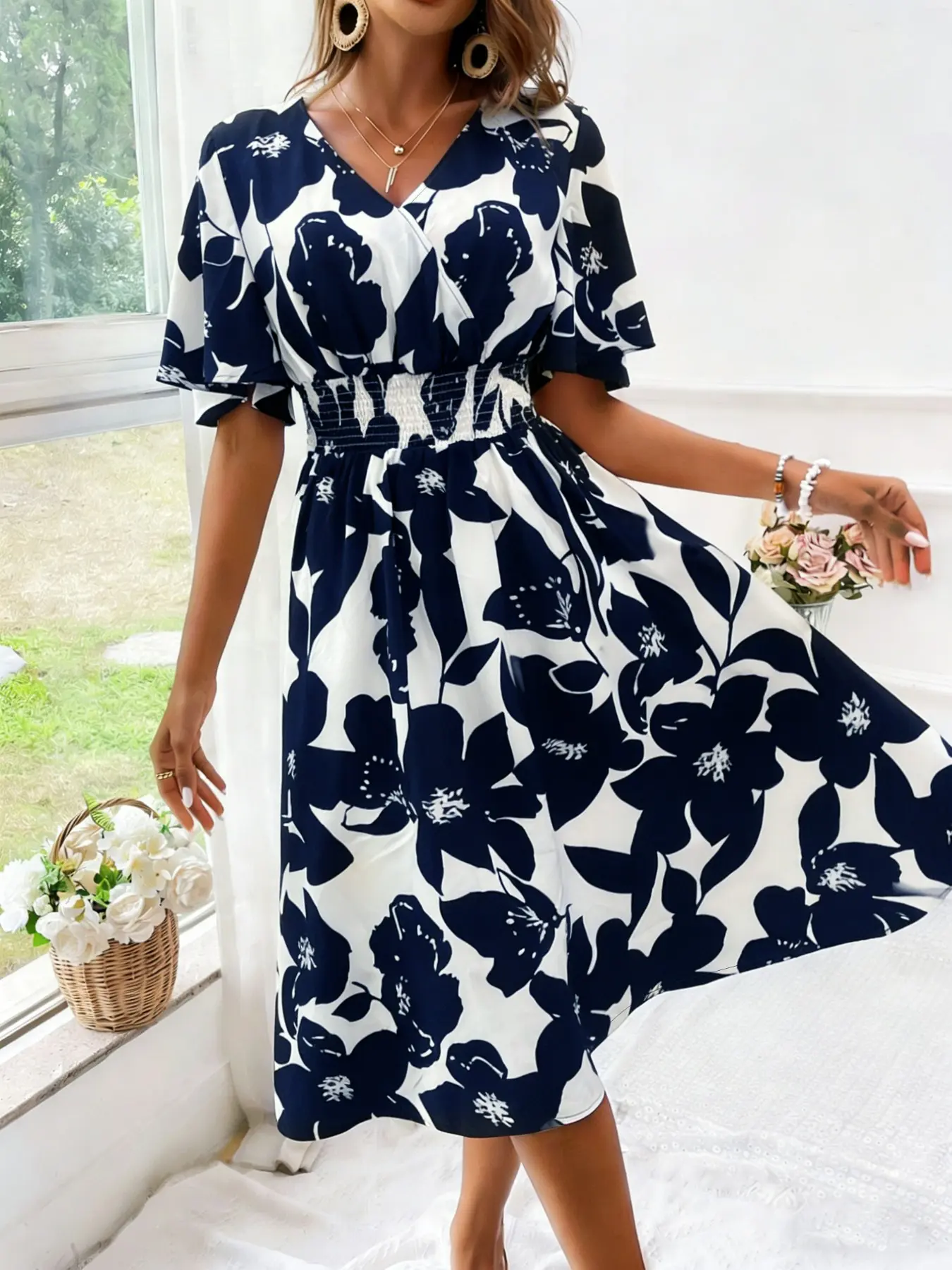 Viral Boho Floral Summer Dress, Slimming Elastic Waist, Flowy Ruffle Hem, Elegant Fitted Dress, Perfect for Casual Wear - TikTok Shop Viral Boho Floral Summer Dress, Slimming Elastic Waist, Flowy Ruffle Hem, Elegant Fitted Dress, Perfect for Casual Wear - TikTok Shop