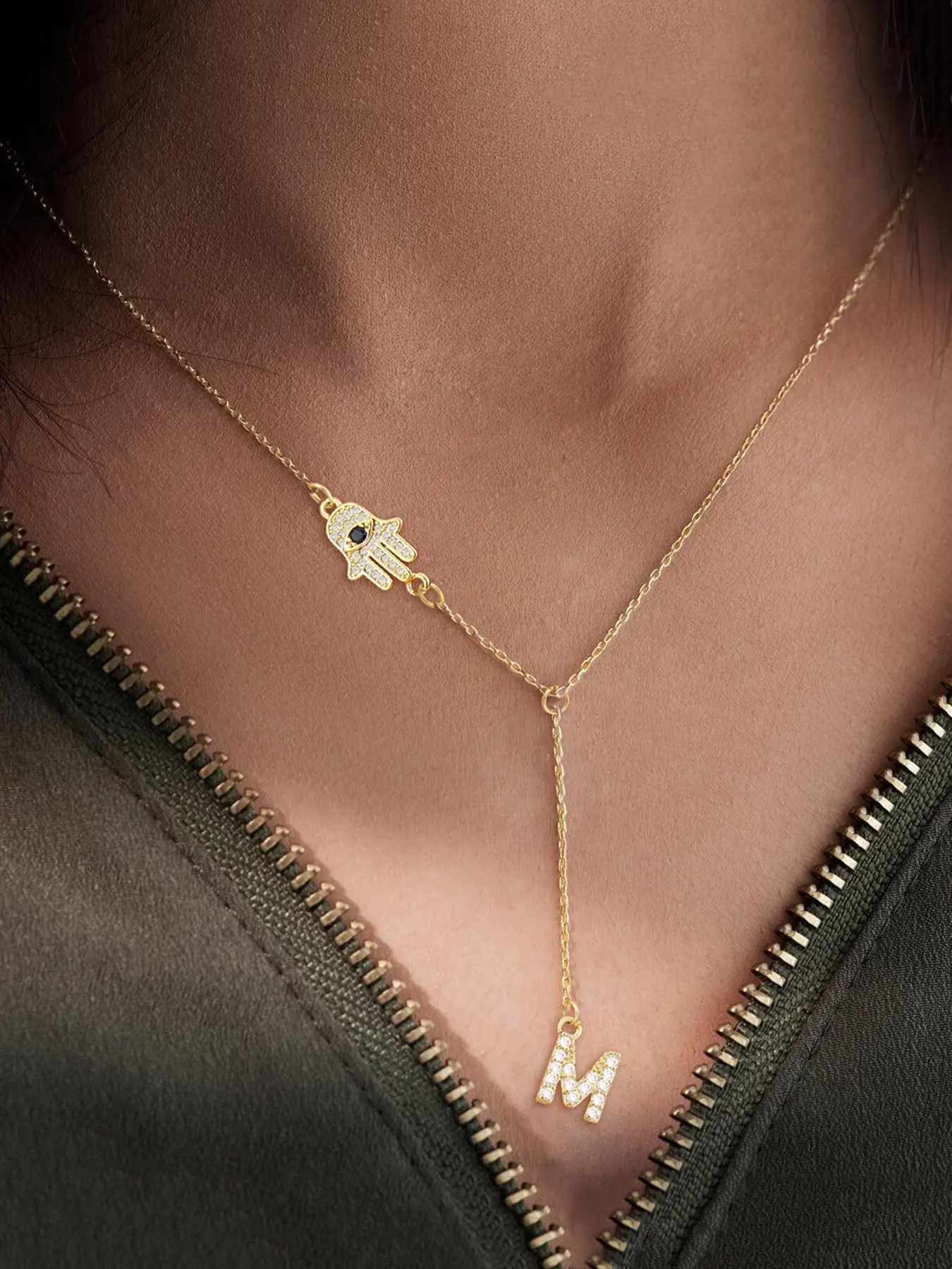 Letter & Hamsa Hand Design Pendant Necklace for Women, Dainty Necklace, Hypoallergenic Stainless Steel Jewelry for Party, Daily Clothing Decor, Trendy All-match & Exquisite Jewelry for Birthday Gift, Dainty Fashion Jewelry, Letters Necklace