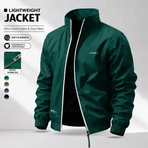 Men’s windproof zip-up jacket with hood, lightweight windproof fabric, minimalist embroidered design, relaxed fit, casual everyday style, suitable for daily outings and outdoor fun, fashionable and practical coat