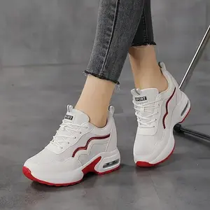 Breathable Mesh Color-Block Sneakers - Women's Air Cushion Shock Absorption Casual Lace-Up Shoes with Heart Accent - Comfortable All-Season Footwear