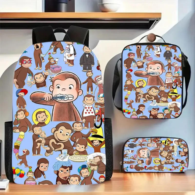 Teen 3-Piece Casual Printed Youth Backpack Set - Monkey Print Appliqué, Laptop Compartment, Adjustable Shoulder Straps, Lightweight for Travel, Hand Washable (Ideal for High School Students), Casual Printed Backpack