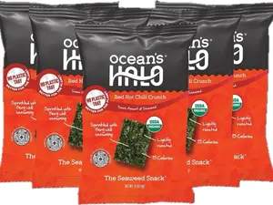 Ocean's Halo Red Hot Chili Crunch Seaweed Snack 5 Pack USDA Organic Vegan Gluten-Free 0.14 oz Sheets Eco-Friendly Plant-Based Ginger Sesame Flavor Rice
